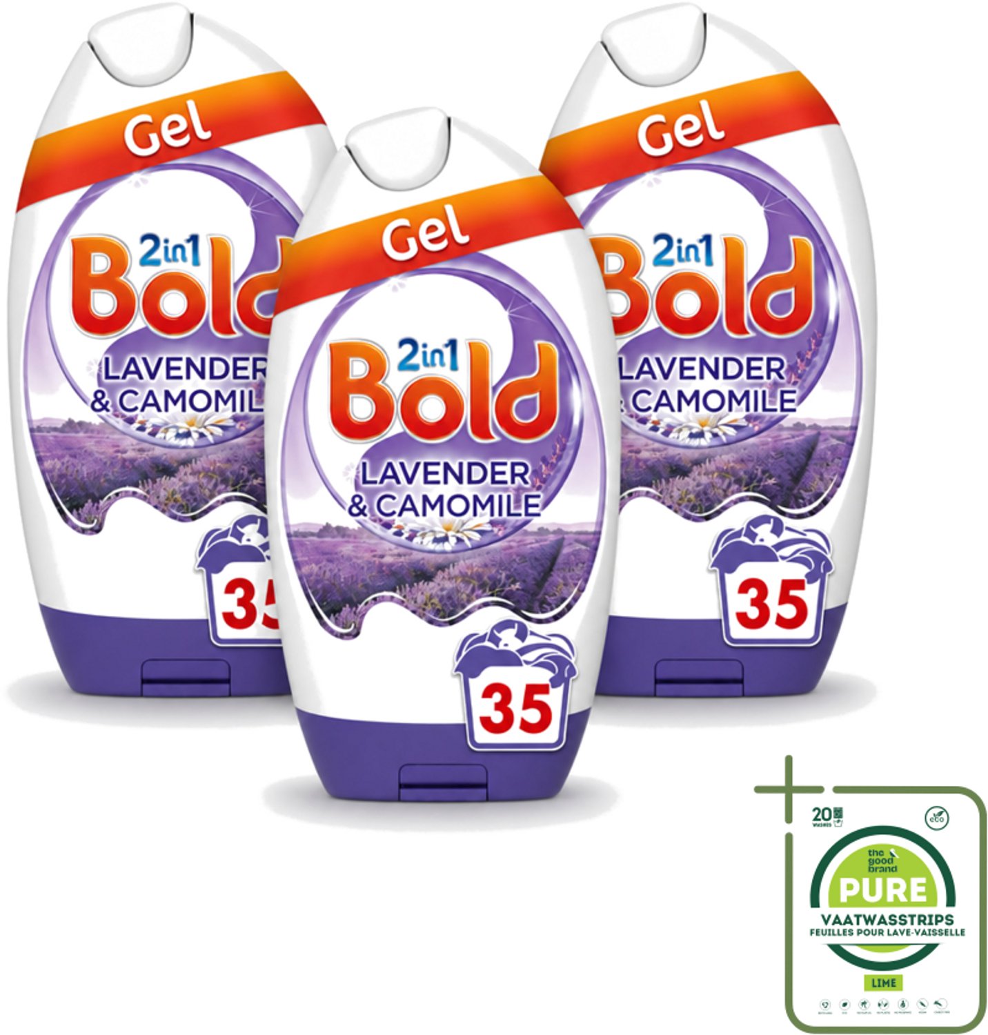 3 x BOLD - Wasgel - 2 in 1 - Lavendel en Kamille - 35 Wasbeurten - Grootverpakking - Vaatwasstrips - Wasgel - Wasmiddel - Wasbeurt - Wasmachine - Kleding Reinigen