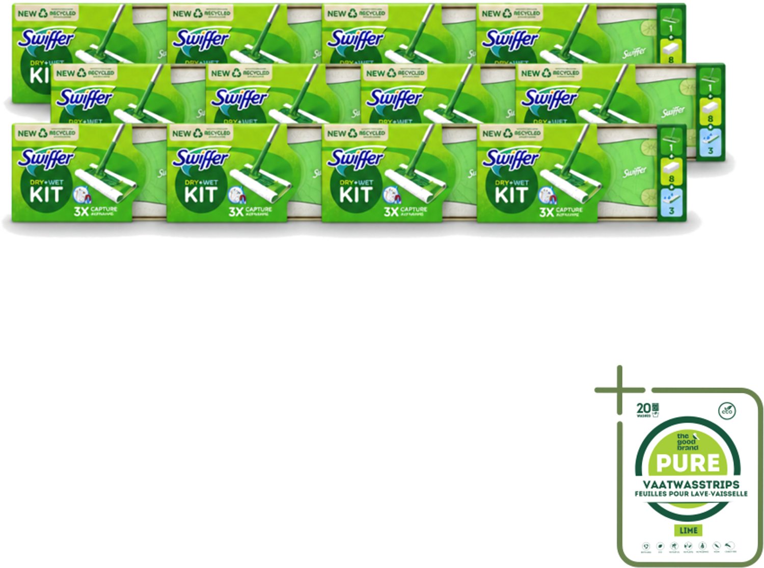 12 x Swiffer – Vloerreiniger – Starterkit – 1 dweil + 8 droge & 3 vochtige doekjes - Grootverpakking - Vaatwasstrips - Vloerreiniger - Schoonmaken - Stofzuiger - Droge Doek - Vochtige Doek