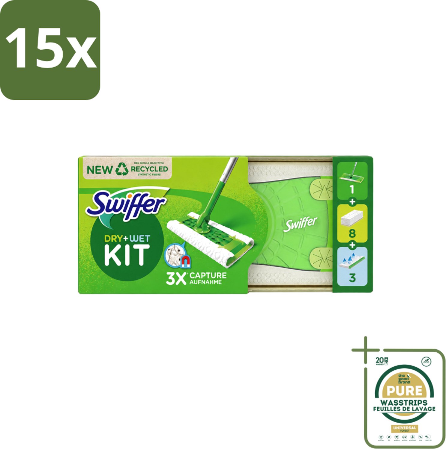 15 x Swiffer – Vloerreiniger – Starterkit – 1 dweil + 8 droge & 3 vochtige doekjes - Wasstrips - Vloerreiniger - Schoonmaken - Stofzuiger - Droge Doek - Vochtige Doek