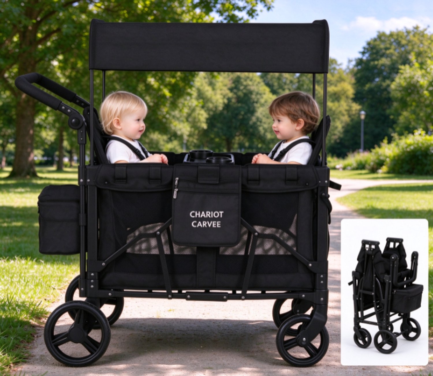 Opvouwbare Bolderkar - Bolderwagen - 2 Zitplaatsen - UV‑beschermend Dak - Met Voetrem - 3‑Punts Gordel - IJzeren Frame - Eenvoudig te Duwen - voor Tweelingen en Gezinnen - Strand & Camping - Zwart