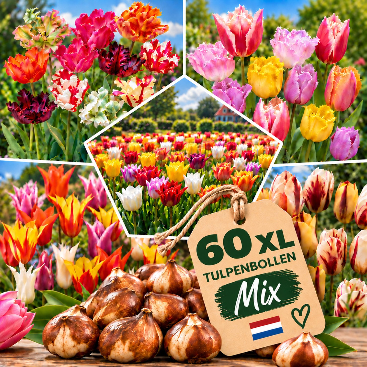 Tulpen Bloembollen XL - 60 stuks - Mix van 15 Soorten - Meerkleurig - Bloem Bollen Mix - Tulpenbollen Cadeau - Bloemen - winterhard - meerjarig