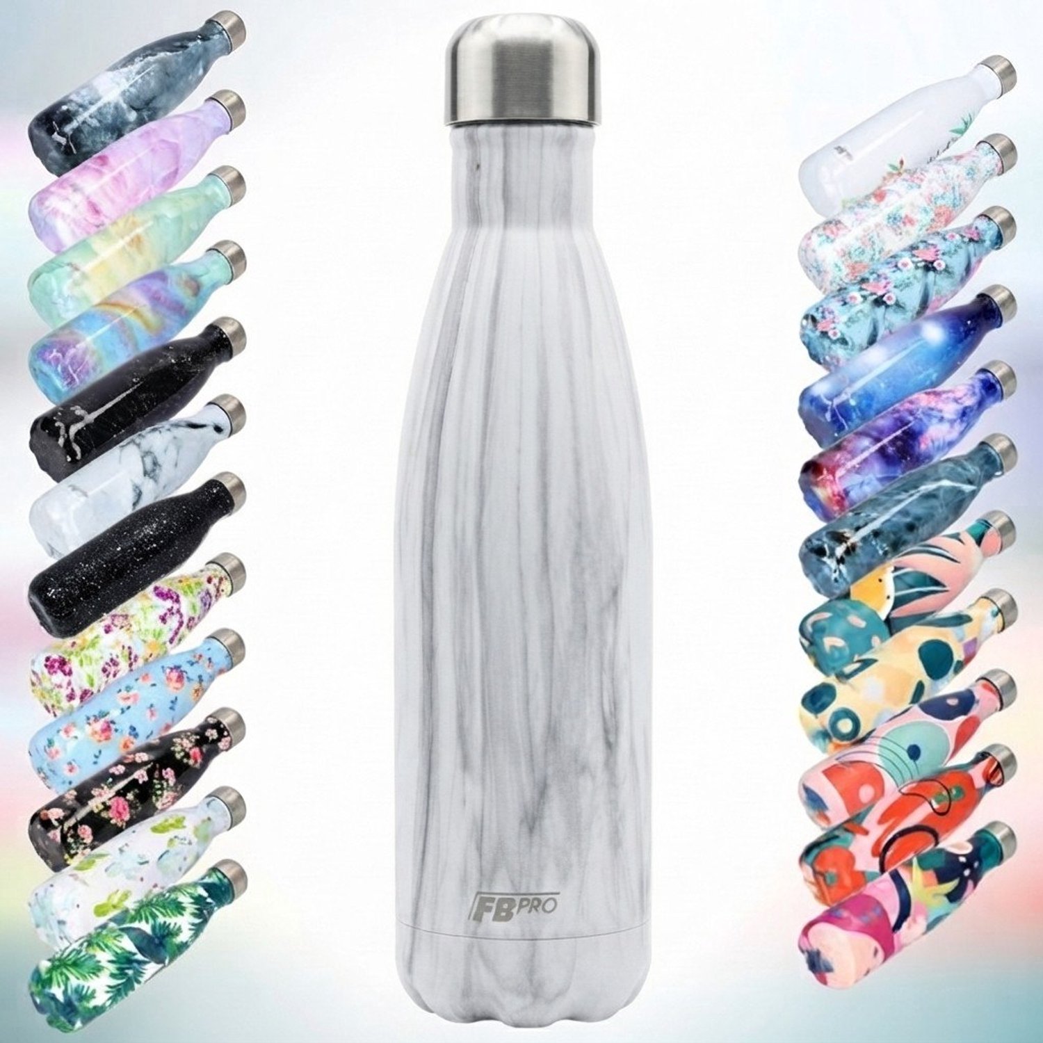 FBFS61, Thermosfles, Drinkfles, Waterfles - Modern & Slank Design - Wit met lichtgrijze strepen