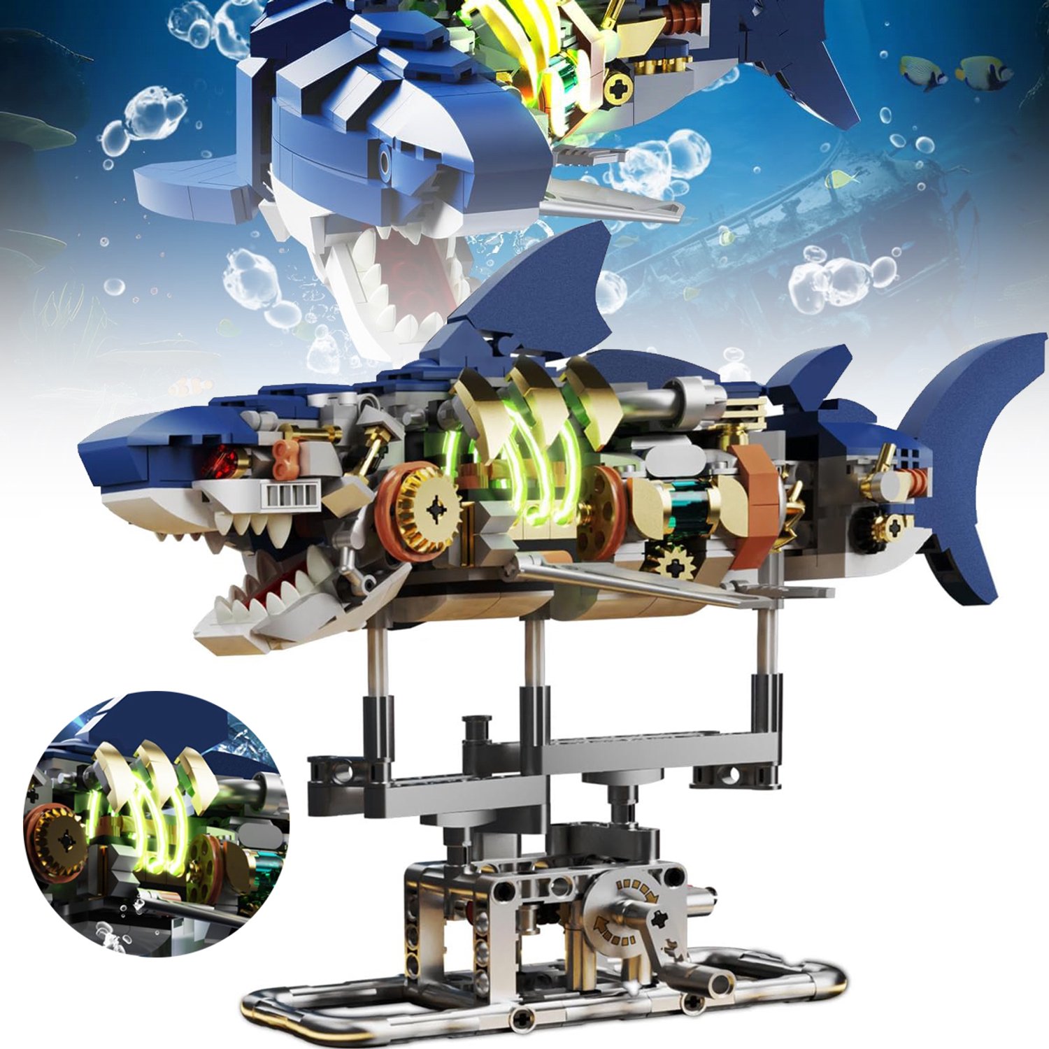 Haaienbouwsteen - Bouwset Van Een Mechanische Haai - Een Shar Met Een Draaibare Standaard - Verjaardags- Of Kerstcadeau