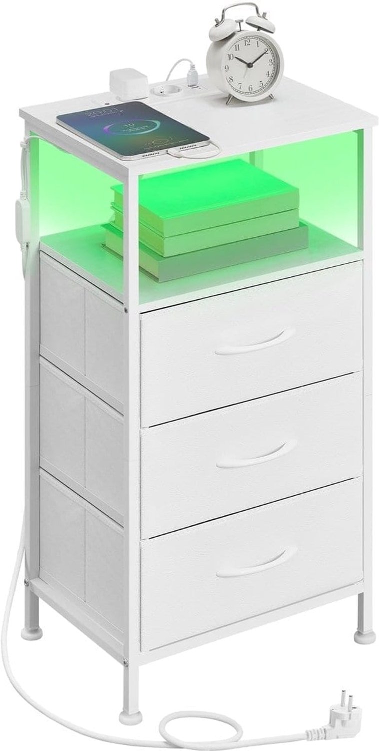 Klarven Nachtkastje Wit - Led-nachtkastje - 3 Lades en Open Vak - Met Oplaadstation en LED-verlichting - Draagvermogen 30 kg per Plank - 30x39,6x75,9 cm