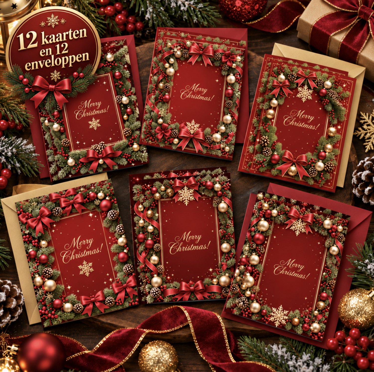 Luxe Kerstkaarten - 18 cm x 13 cm - 12 kaarten en 12 enveloppen - Kerst- en Nieuwjaarskaarten - Kaarten met Enveloppen - Cards & Crafts