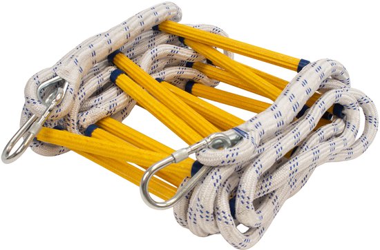 Gele sporten met wit-blauw touw, opgevouwen touwladder met twee karabijnhaken voor snelle bevestiging.