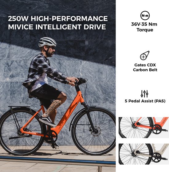 DERUIZ Turmali Comfort E-bike Dames Heren- 28 inch- 360 Wh- 250 W- 40 Nm- Lage instap- Comfort City E-bike- GATES riemaandrijving- Gouden Uur Oranje — afbeelding 4