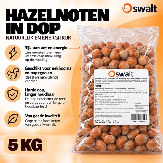 Sac transparent de 5kg de noisettes en coque de la marque Oswalt, avec des informations sur les valeurs nutritionnelles.