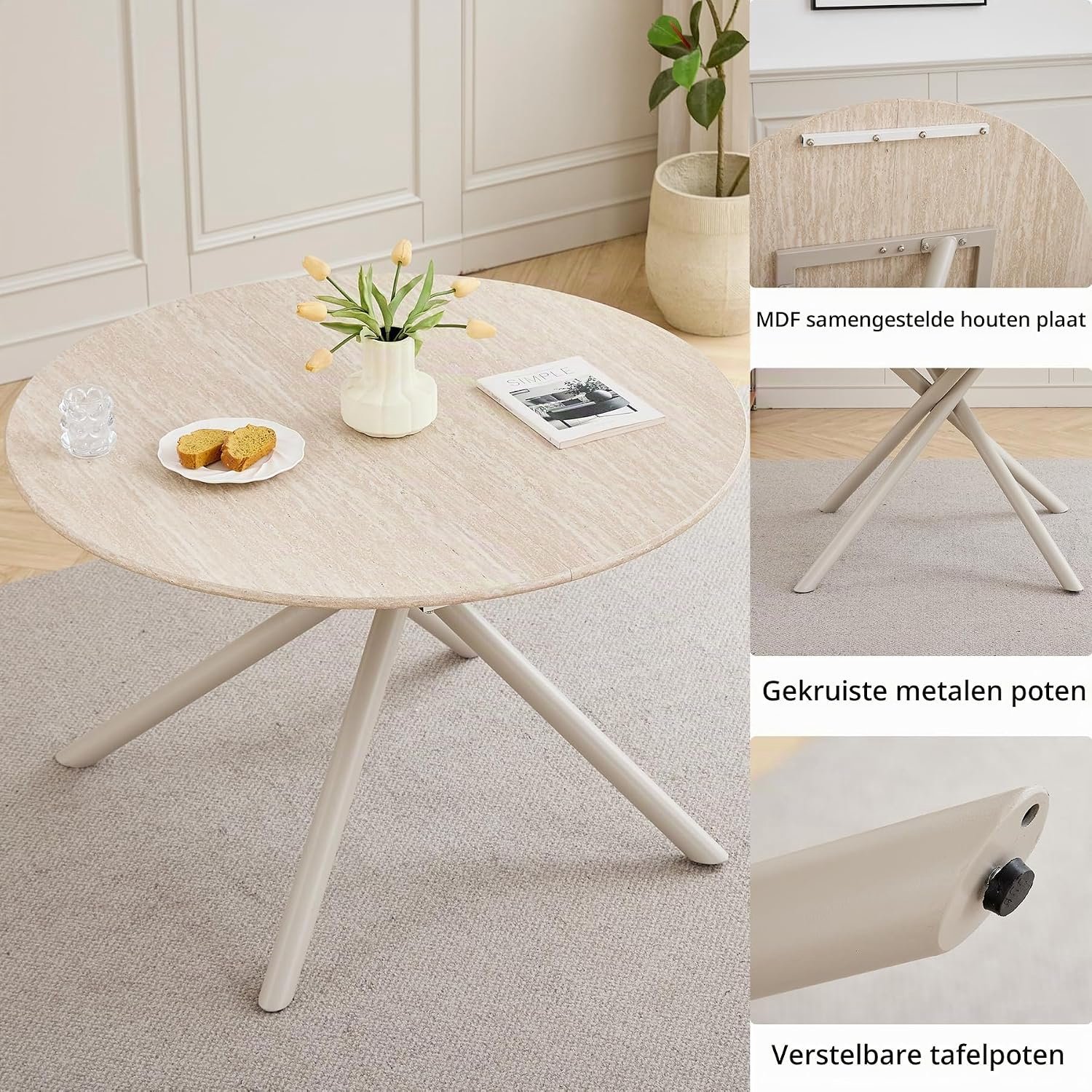 Ronde Eettafelset met 4 Linnen Eetkamerstoelen – 115 cm Eettafel, Scandinavische Eetkamerset met Comfortabele Stoelen, MDF Tafelblad en Stalen Onderstel, Lichtgeel en Beige