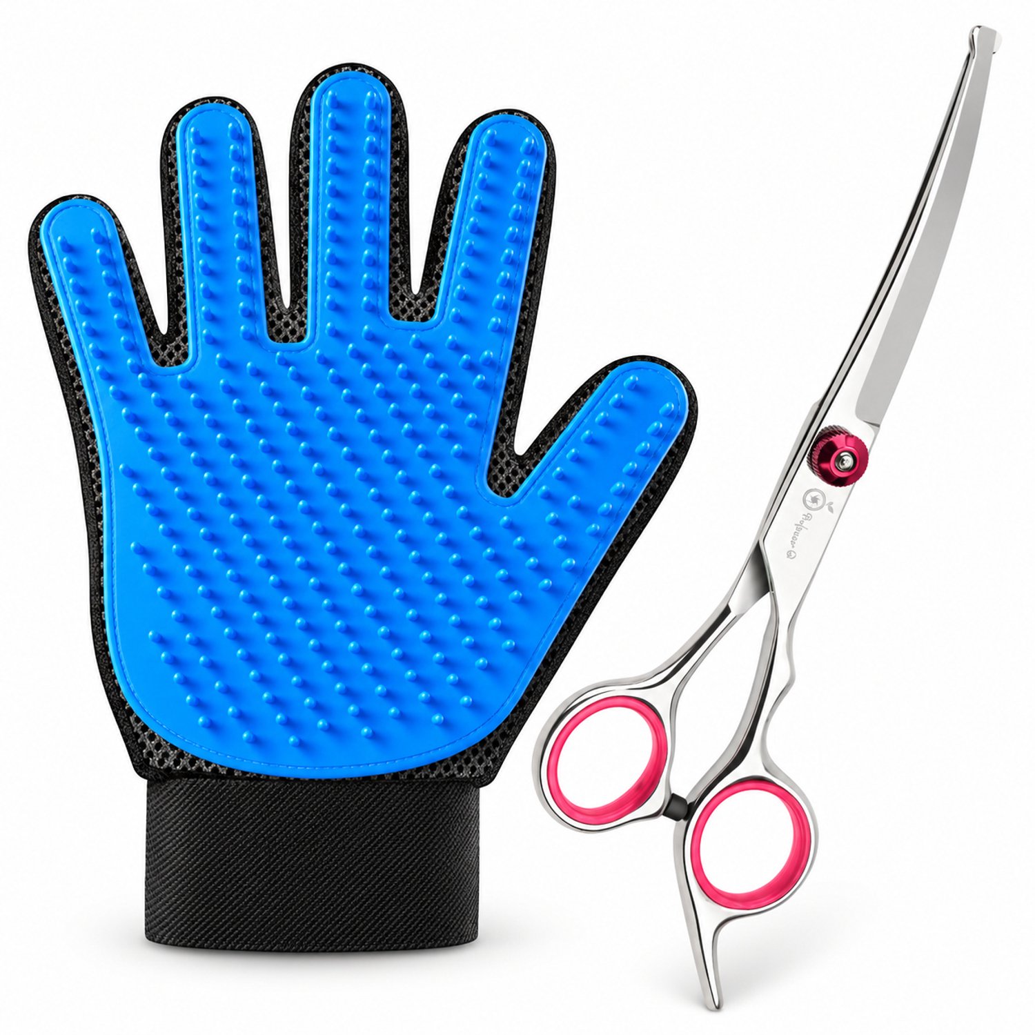 Professor Q Hondentrimset - Gebogen Trimschaar Roze - Vachthandschoen Blauw - 2-delig