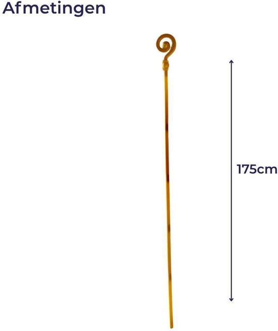 Gouden Sinterklaas staf met een lengte van 175 cm. De afmetingen worden weergegeven met een pijl.