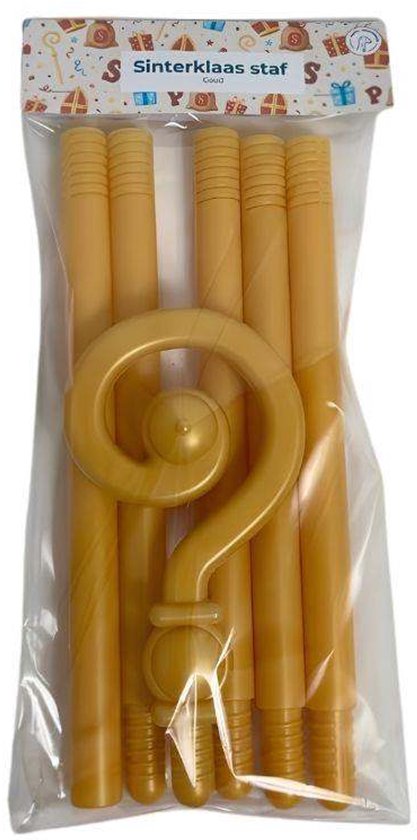 Verpakte set onderdelen voor een gouden Sinterklaas staf, gelabeld als Sinterklaas staf.