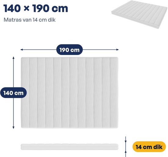Overzicht van afmetingen 140x190cm voor een matras met een dikte van 14cm.