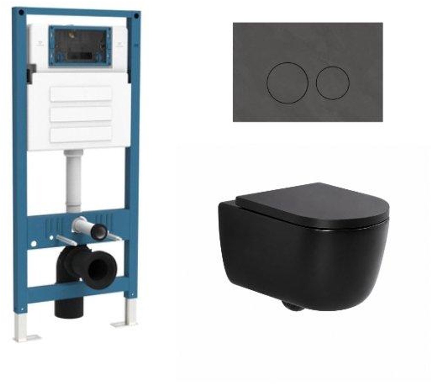 QeramiQ Dely Swirl Toiletset - inbouwreservoir Qeramiq Flush - 35mm zitting - natuursteen donker marmeren bedieningsplaat - ronde knoppen - mat zwart