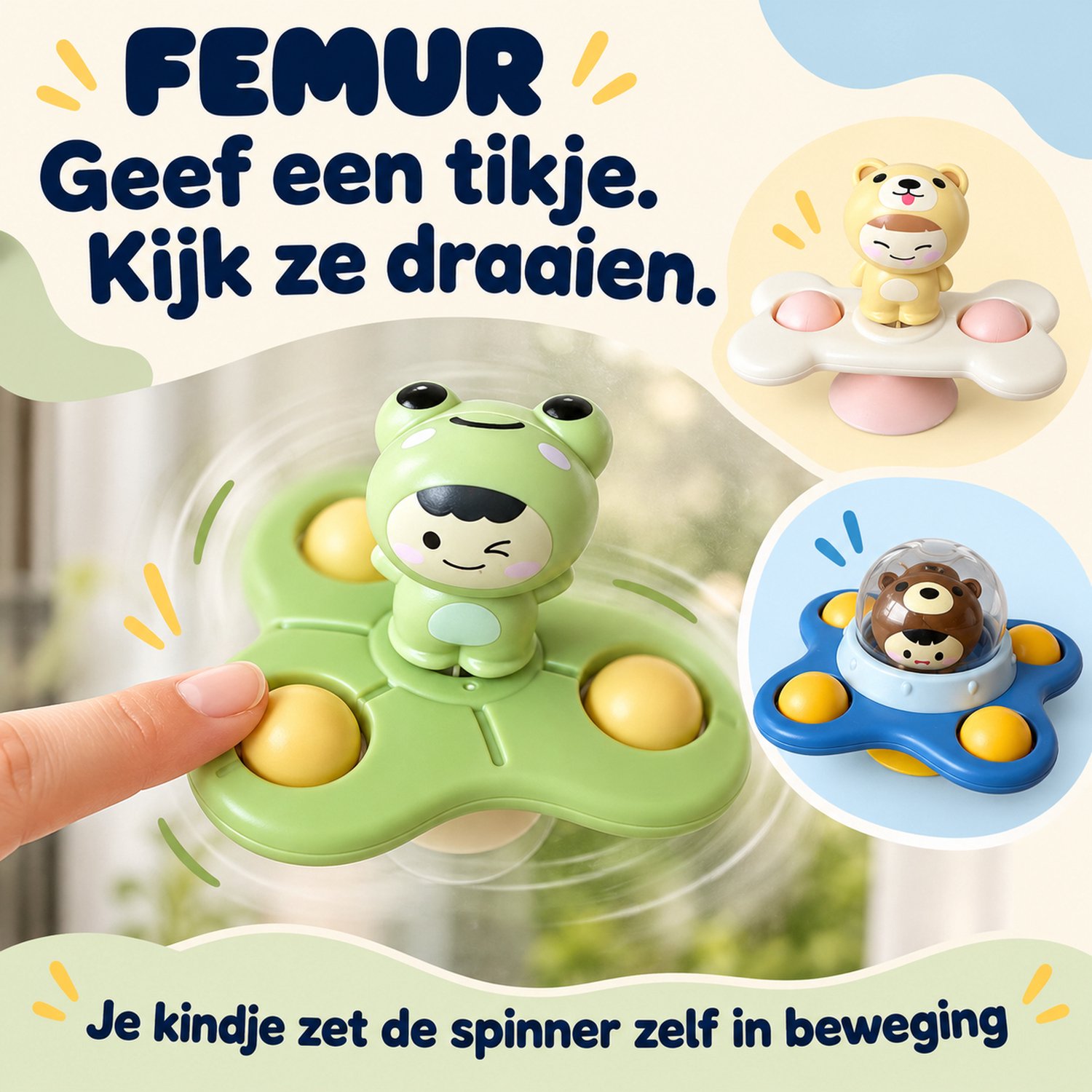 Femur® - Spinner - Fidget - Badspeelgoed - Spinners - Baby Spinner - 3 stuks - UFO - Speelgoed - Poppetjes - Fun - Rage - Zuignap - Sensorisch Speelgoed - Kinderen - Kerst — afbeelding 8