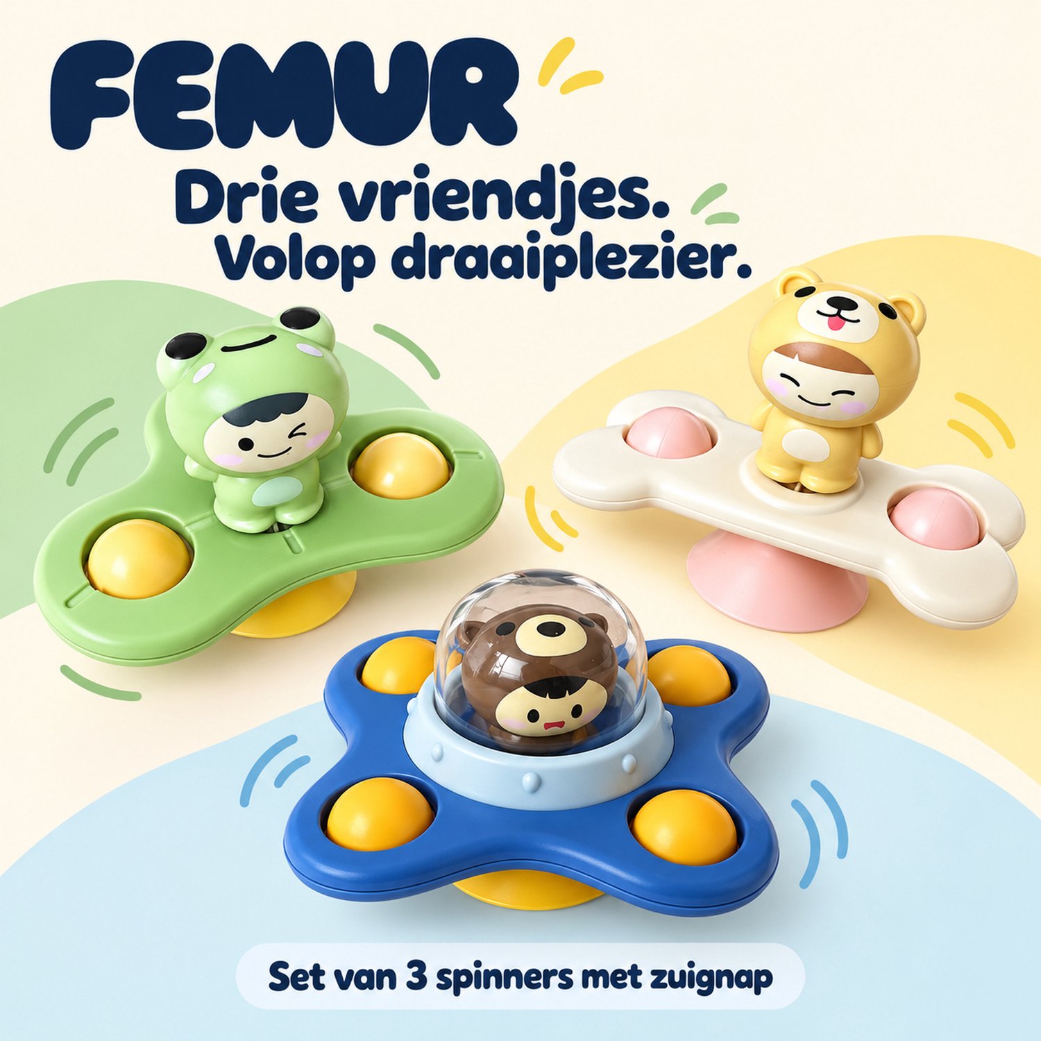 Femur® - Spinner - Fidget - Badspeelgoed - Spinners - Baby Spinner - 3 stuks - UFO - Speelgoed - Poppetjes - Fun - Rage - Zuignap - Sensorisch Speelgoed - Kinderen - Kerst — afbeelding 2