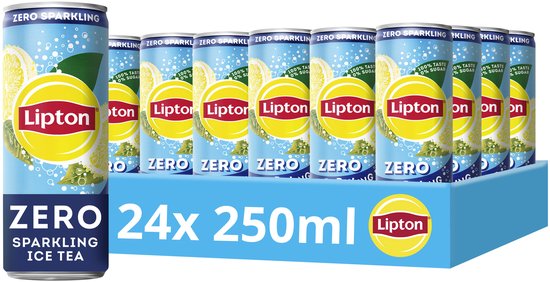 Voordeelverpakking met 24 blikjes Lipton Ice Tea Zero Sparkling van 250ml met citroenafbeelding.