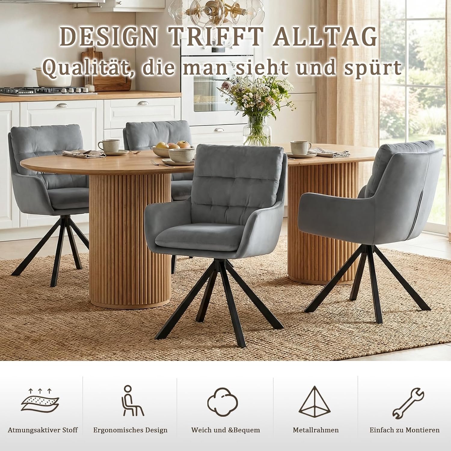 LuxeDuo 360° Draaibare Eetkamerstoelen met Armleuningen – Set van 6, Fluwelen Bekleding, Dubbele Rugleuning en Uitneembaar Zitkussen – Lichtgrijs