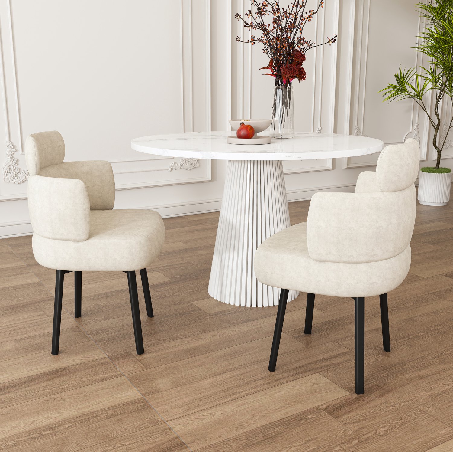 DESMIU Eetkamerstoel 56,5 x 54 x 89 cm - 360 Graden Draaibaar Met Armleuningen - Voor Eetkamer Woonkamer En Kaptafel - Chenille Stof - Crèmewit