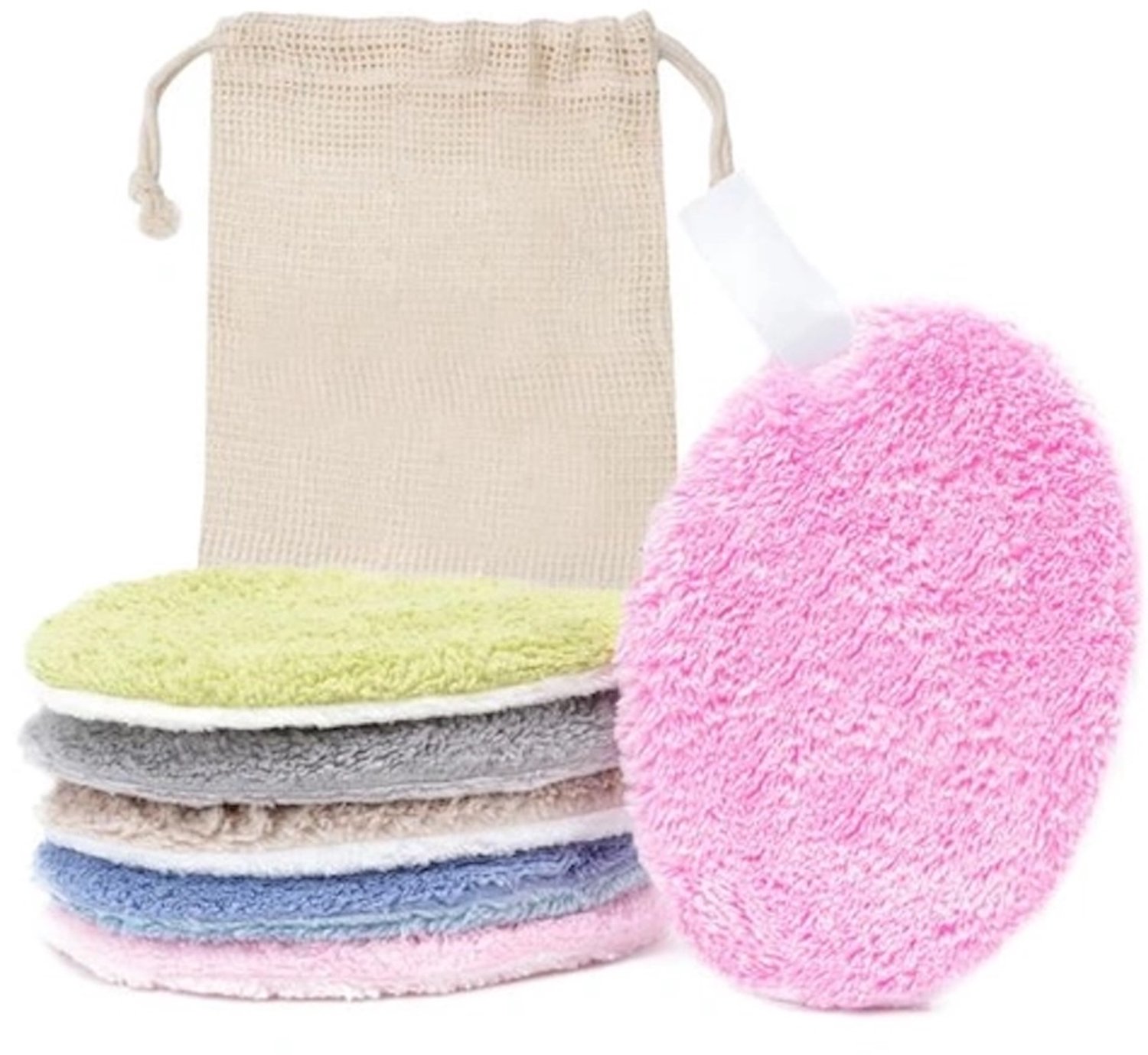 Herbruikbare wattenschijfjes - 6 stuks met opbergzakje - Wasbare wattenschijfjes - Make-up verwijderen - Wasbaar - Blauw/Groen/Roze - CHPN
