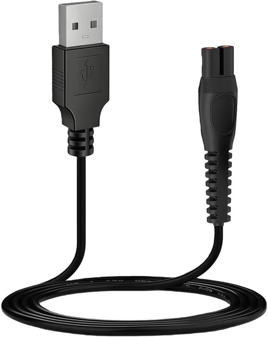 Zwarte oplaadkabel met USB-A naar 2-pins aansluiting voor Philips OneBlade scheerapparaten.
