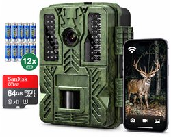 Valbomo® Wildcamera met Nachtzicht en WIFI - 4K Ultra HD - Wildlife camera - WiFi APP - Incl. 64GB SD - Tripod - 12 batterijen