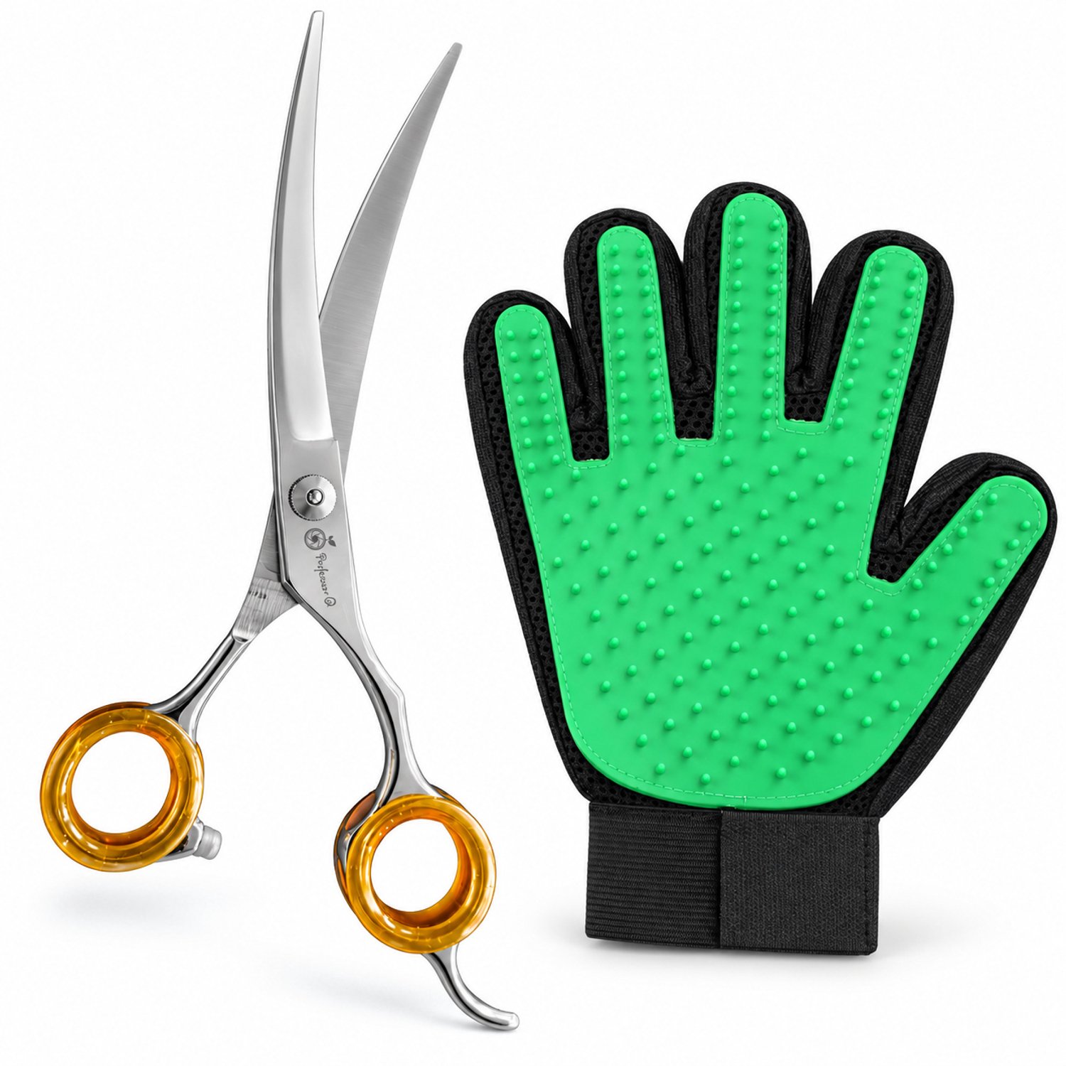 Professor Q Hondentrimset - Omhoog Gebogen Trimschaar 7,5 inch Oranje - Vachthandschoen Groen - 2-delig