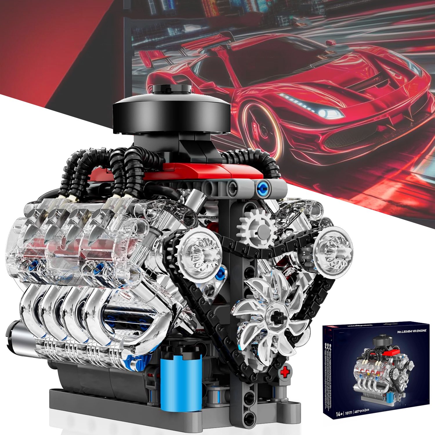 V8-Motorbouwsets - MOC-Schaalmodelbouwpakket Met Motor - Bouwpakket Van Een V8-Automotor - Bouwspeelgoed Voor Tieners