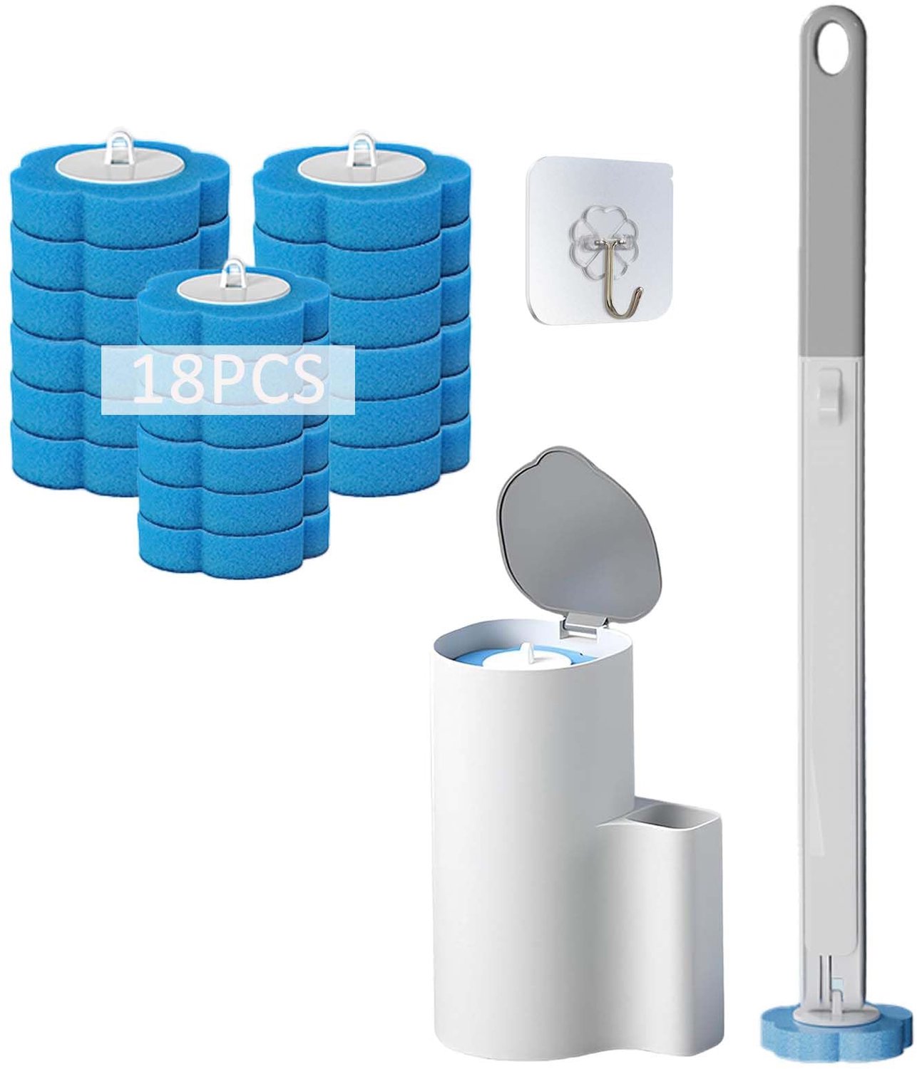 Wegwerptoiletborstel met 18 vullingen - wandgemonteerd - blauw - voor toilet en badkamerreinigen - Vemera