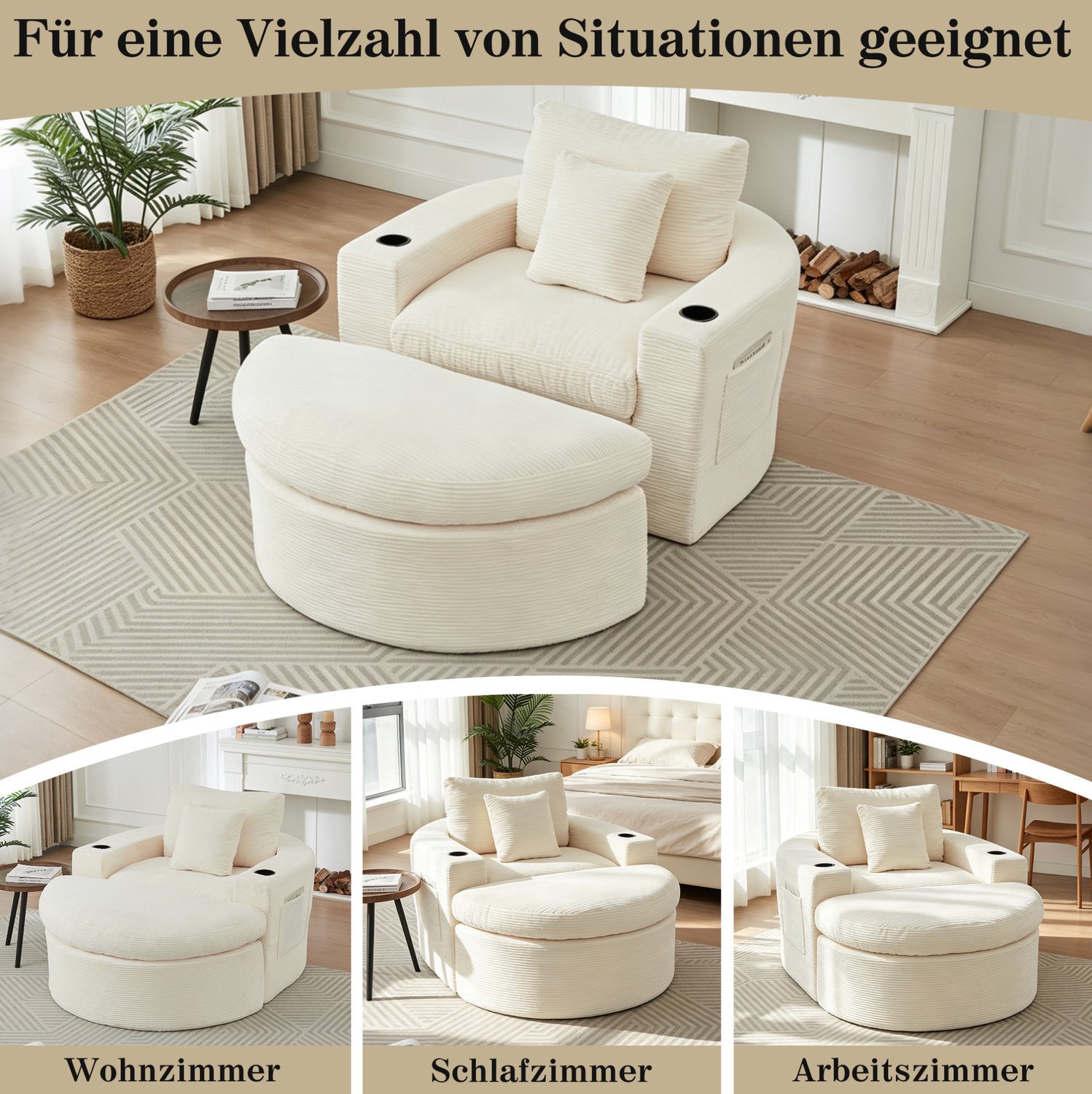 MODENUIT Fauteuil - Eenpersoons Met Hocker, Bekerhouder En Opbergtas - Voor Woonkamer - Ribstof - Beige