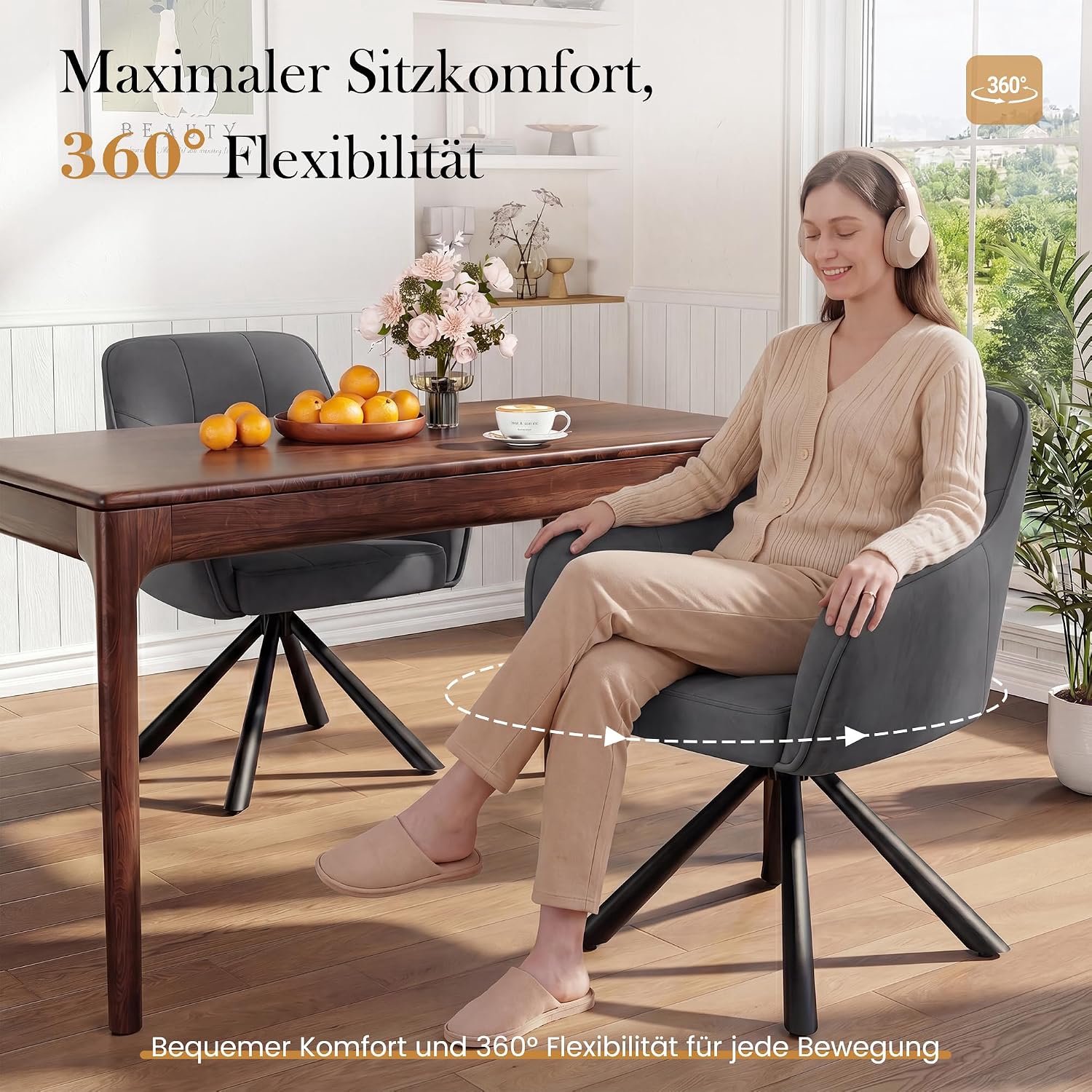 Draaibare Velvet Eetkamerstoelen met Armleuningen – Set van 2, 360° Draaibaar, Ergonomische Kuipstoelen, Donkergrijs, 45 x 56 x 50 cm