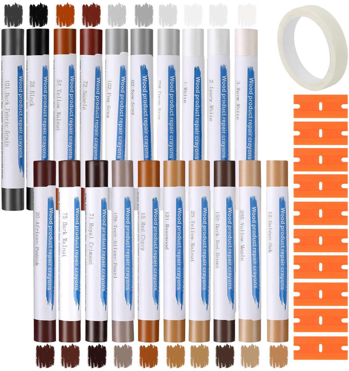 Reparatieset 20 kleuren - Harde was - Inclusief schraper en 5 m plakband - Voor hout, tegels, vinyl - m-winkel