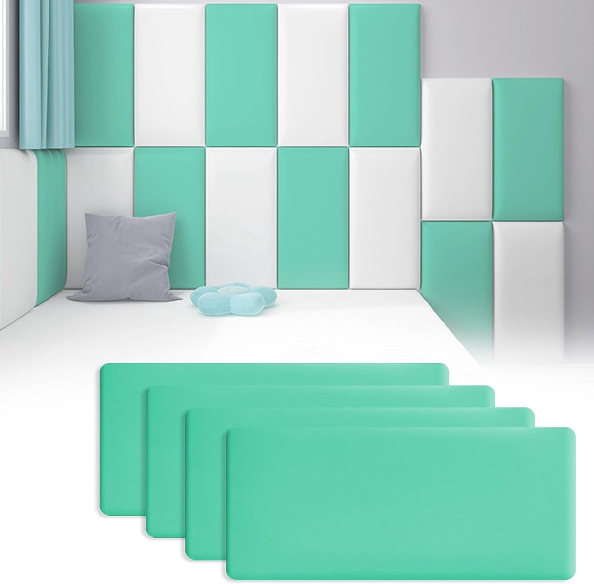 3D Wandpanelen voor Kinderen - Anti-Collisie, Zelfklevend en Zacht Verpakking voor Peuters, Groene Achtergrond voor Kinderkamer (Set van 4 Stuks)
