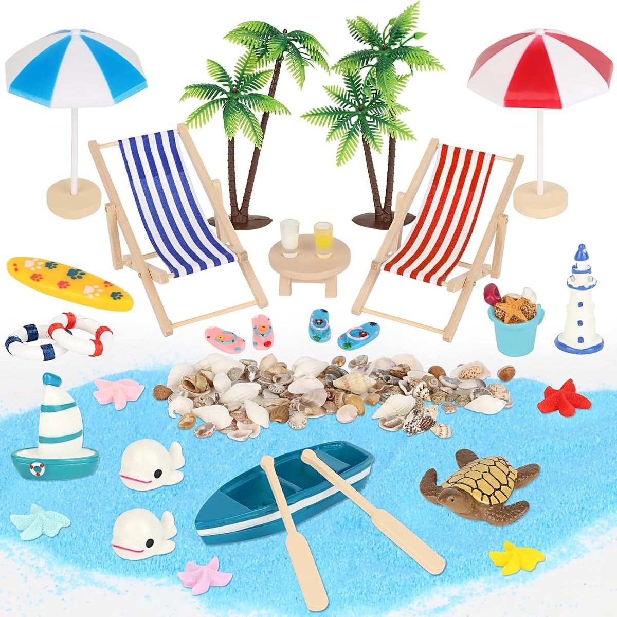 Miniatuur Strandlandschap met Zonnebedden, Palmbomen en Parasols - DIY Decoratie voor Poppenhuis en Micro Tuin Accessoires
