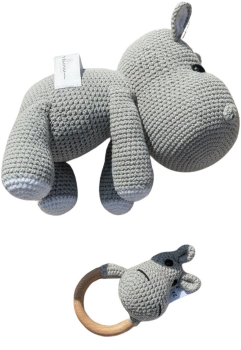 Nuvinokids® Handgehaakte Nijlpaard Knuffel & Bijtring Set - 100% Katoen - Houten Rammelaar - Newborn Kraamcadeau - CE-gecertificeerd - BPA-vrij
