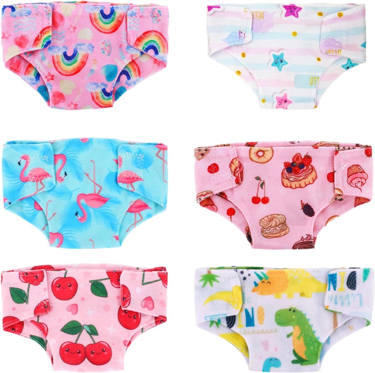 6 Stuks Herbruikbare Luiers voor Baby Poppen 30-43 cm, Schattige Accessoires in 6 Verschillende Patronen, Perfect Cadeau voor Kinderen