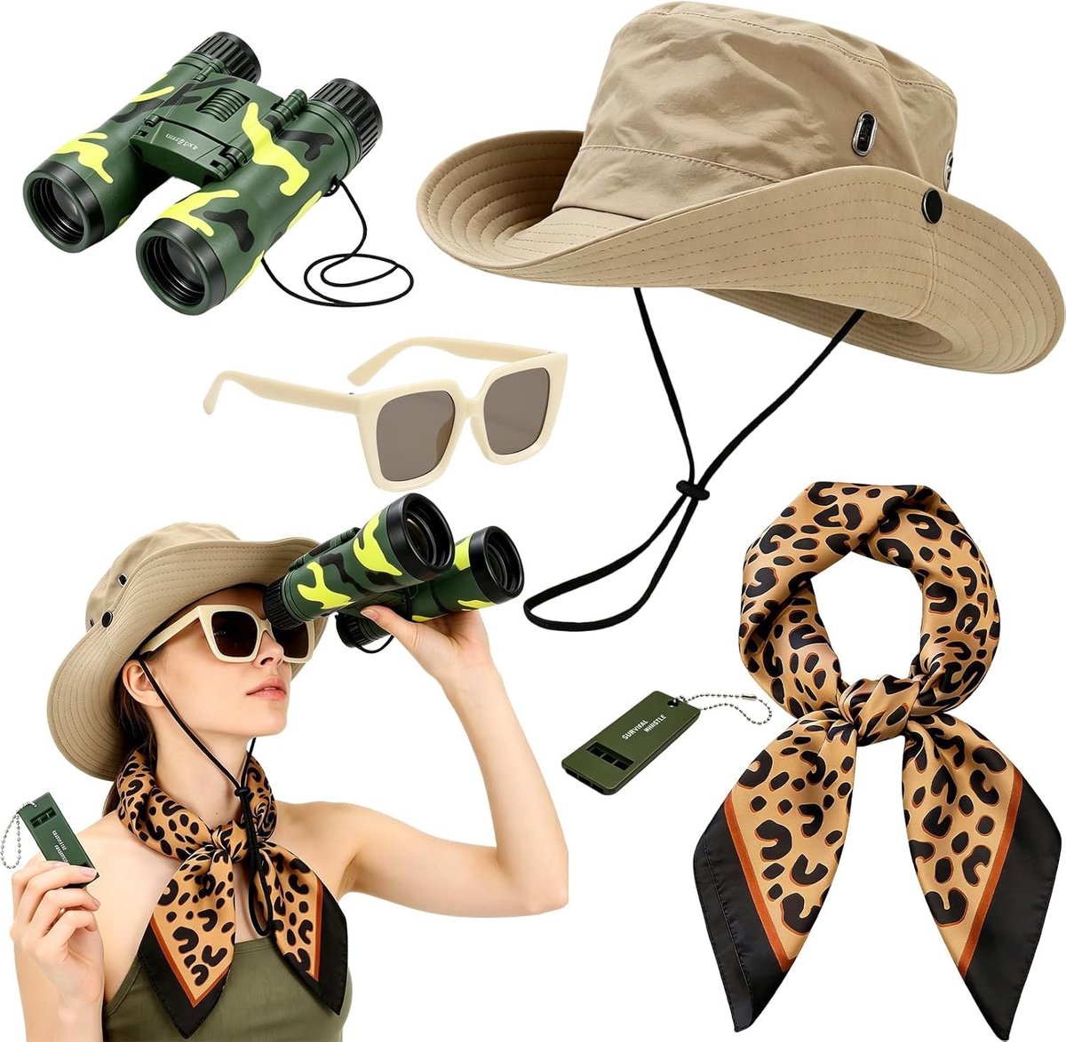 Vrouwelijk Safari Kostuum met Hoed, Luipaard Sjaal, Fluit, Verrekijker en Zonnebril voor Jungle Cosplay en Halloween Feestjes