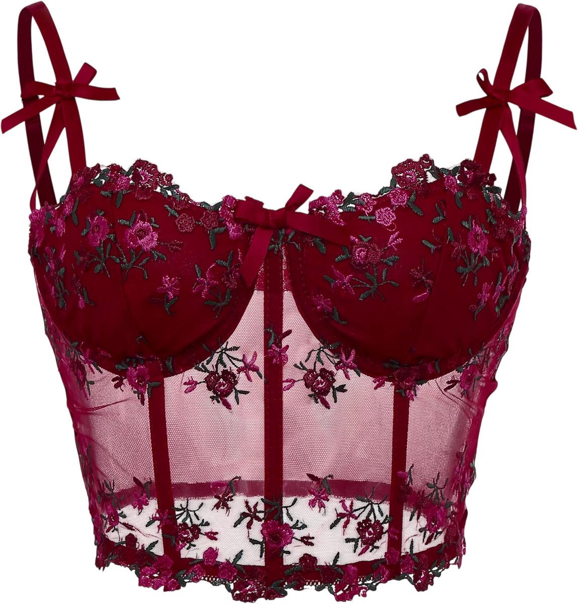 Dames Corset Top met Kant en Bloemenborduursel – Sexy Mesh Crop Top met Beugel, Transparant Hemdje en Lingerie Top - Maat L