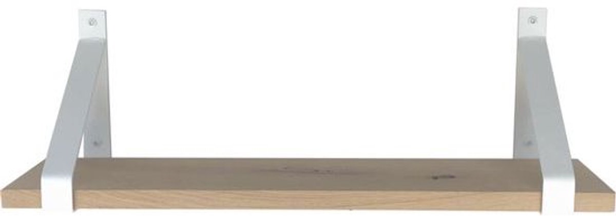 GoudmetHout Lichte Eiken Wandplank - 260x25 cm - 2 Industriële XL Plankdragers Mat Wit Licht eiken