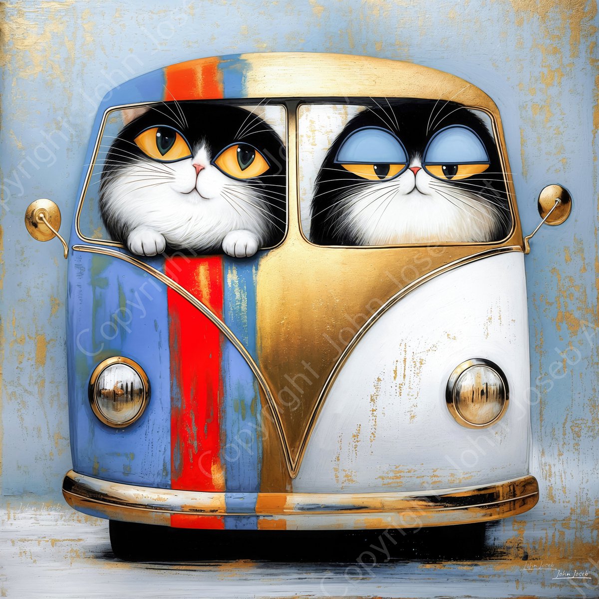 John Joseb Art (Aluminium) 60x60 | Gekke grappige poezen in klassieke auto bus, vierkant, humor, kunst, poes, kat, dier, blauw, goud, rood, modern | foto-schilderij op dibond, metaal wanddecoratie