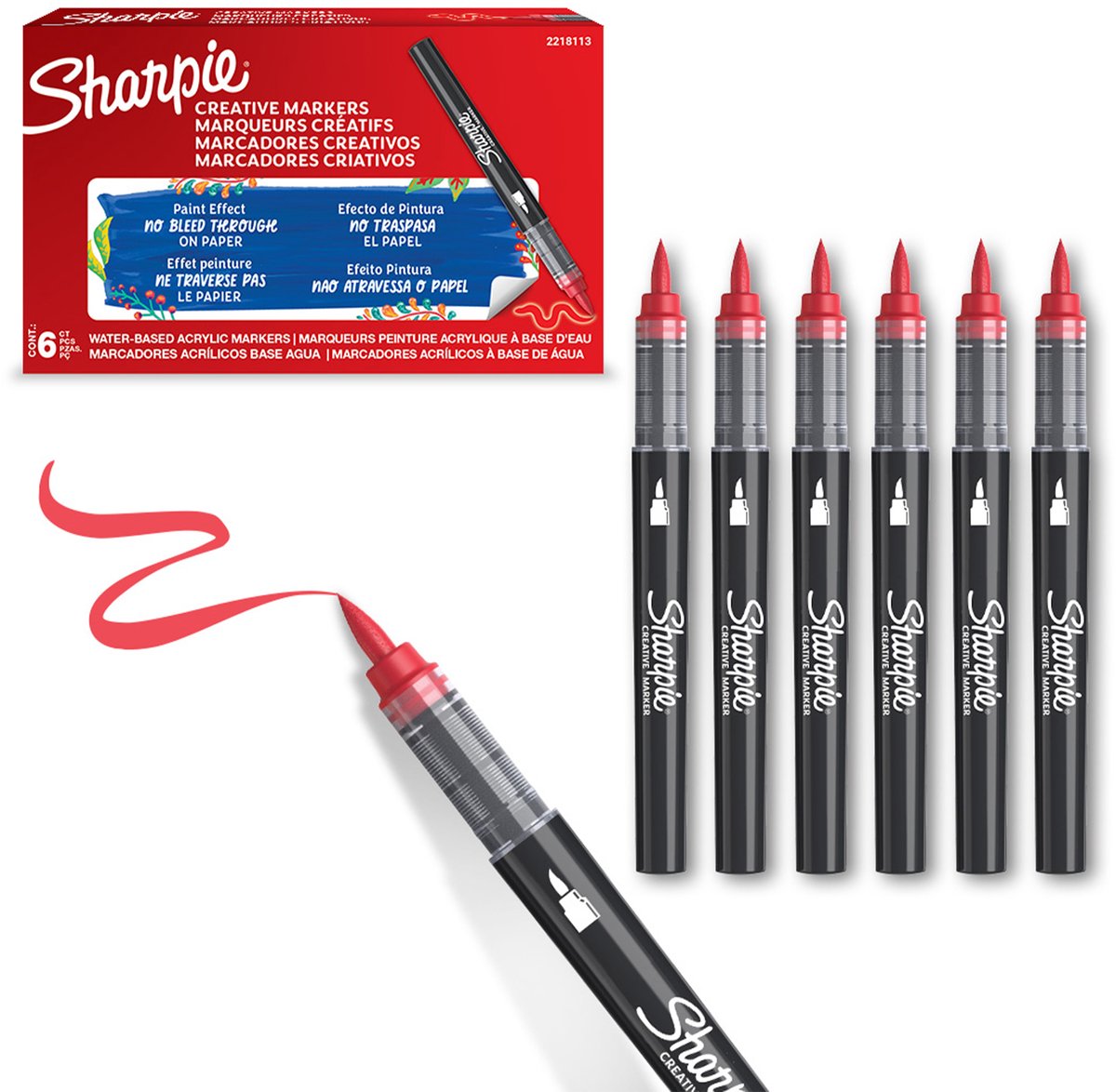 Sharpie Creative Marker Acrylverfmarkers | Brushtip | Verfmarkers op waterbasis | Inkt loopt niet door en geschikt voor de meeste oppervlakken | Rood | 6 stuks