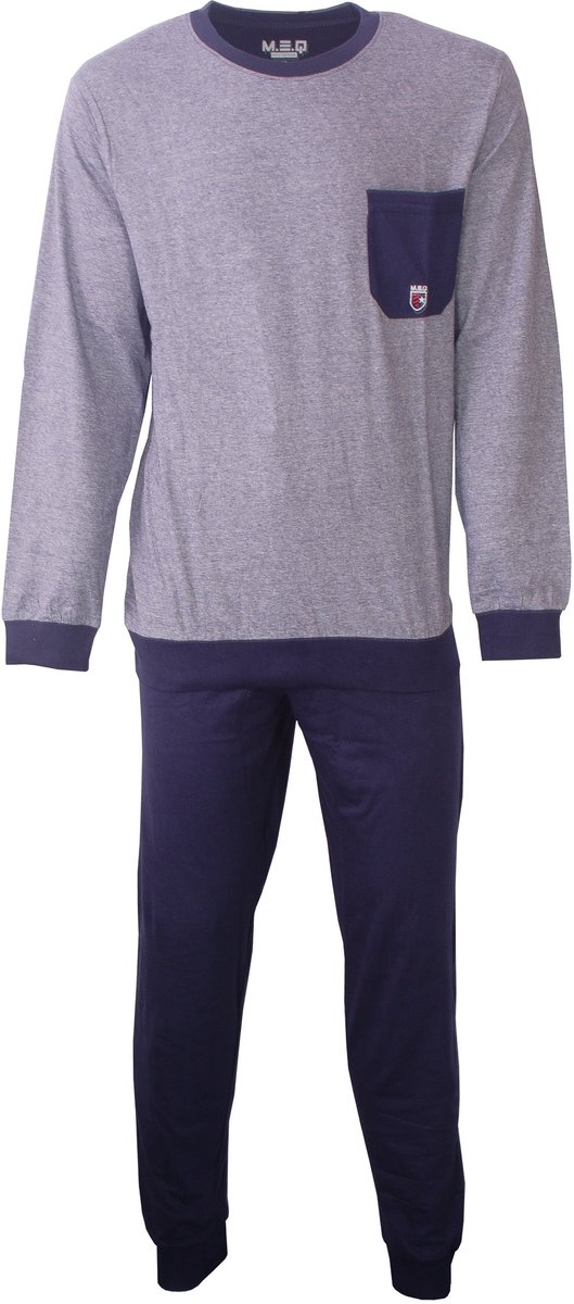 MEQ Heren Pyjama - Polo Sluiting - 100% Katoen - Blauw - Maat S