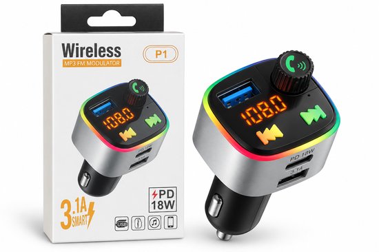 Zilverkleurige MP3 FM-modulator met display waarop 108.0 staat, USB-poorten en gekleurde LED-verlichting.