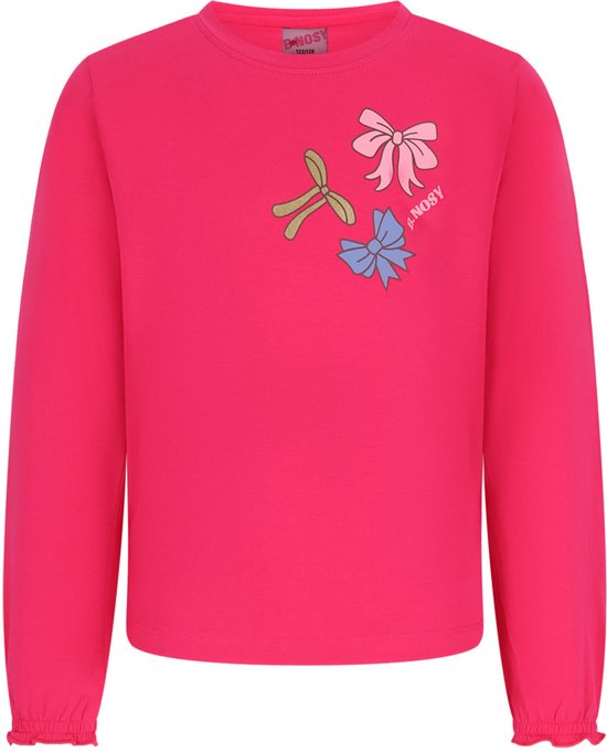 Fuchsia shirt met lange mouwen, met op de borst een print van drie strikken in roze, lichtgroen en blauw, met het B.Nosy logo.