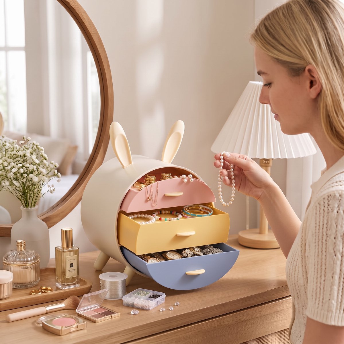 Make Up Organizer met 3 Lades – Make up Opberger - Sieradenrekje - Sieraden Organizer – Konijnenoren - Pastel Kleuren