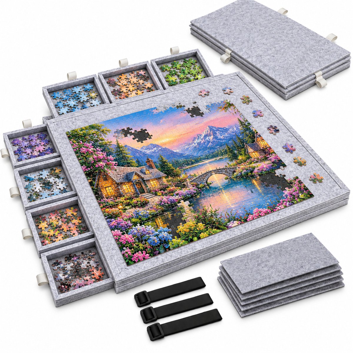 Currero Puzzeltafel Met Lades 1000 Stukjes - Puzzelbord - Puzzelmat - Opbergsysteem - Vilt - Met Deksel - Legpuzzel Accessoires - 1000 Pcs Grijs