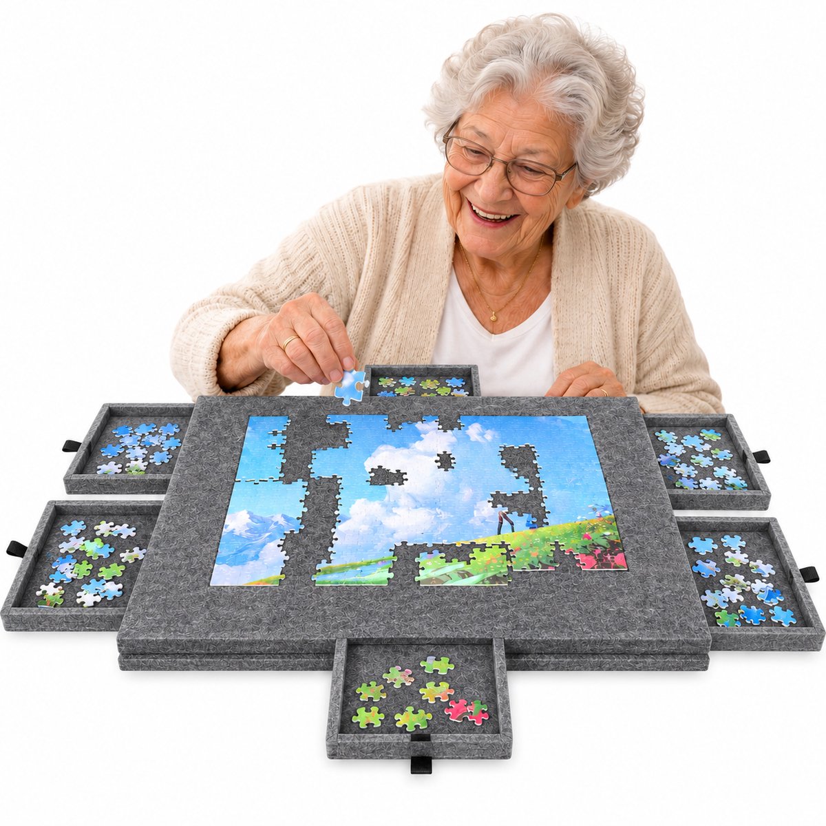 Currero Puzzeltafel Met Lades 1000 Stukjes - Puzzelbord - Puzzelmat - Opbergsysteem - Vilt - Met Deksel - Legpuzzel Accessoires - 1000 Pcs Grijs