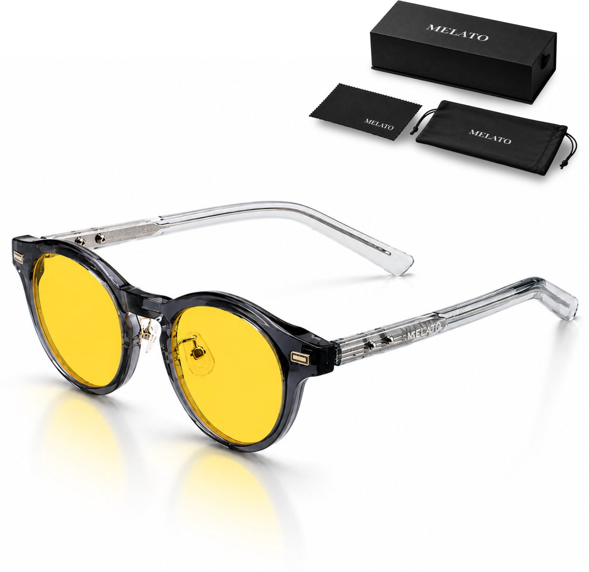 Melato Nox Blauw Licht Bril - Dagbril - 99% Blauwlichtfilter - Computerbril - Gele Lens - UV400 - Premium - Acetaat Frame - ANSI & ISO Gecertificeerd - Wetenschappelijk Getest - Blauwlichtbril - Inclusief Luxe Doos, Pouch & Doekje - Platina