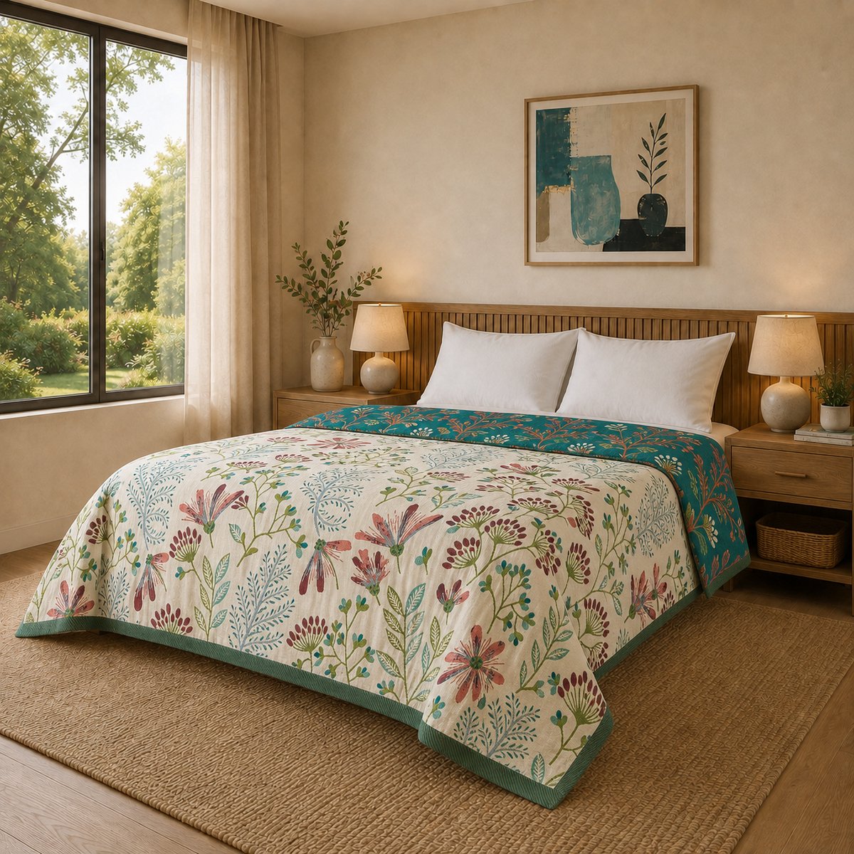 TRANKIELO® - Premium boho sprei – 100% katoen – Dubbelzijdige mousseline – 230x250 cm – Turquoise/Crème