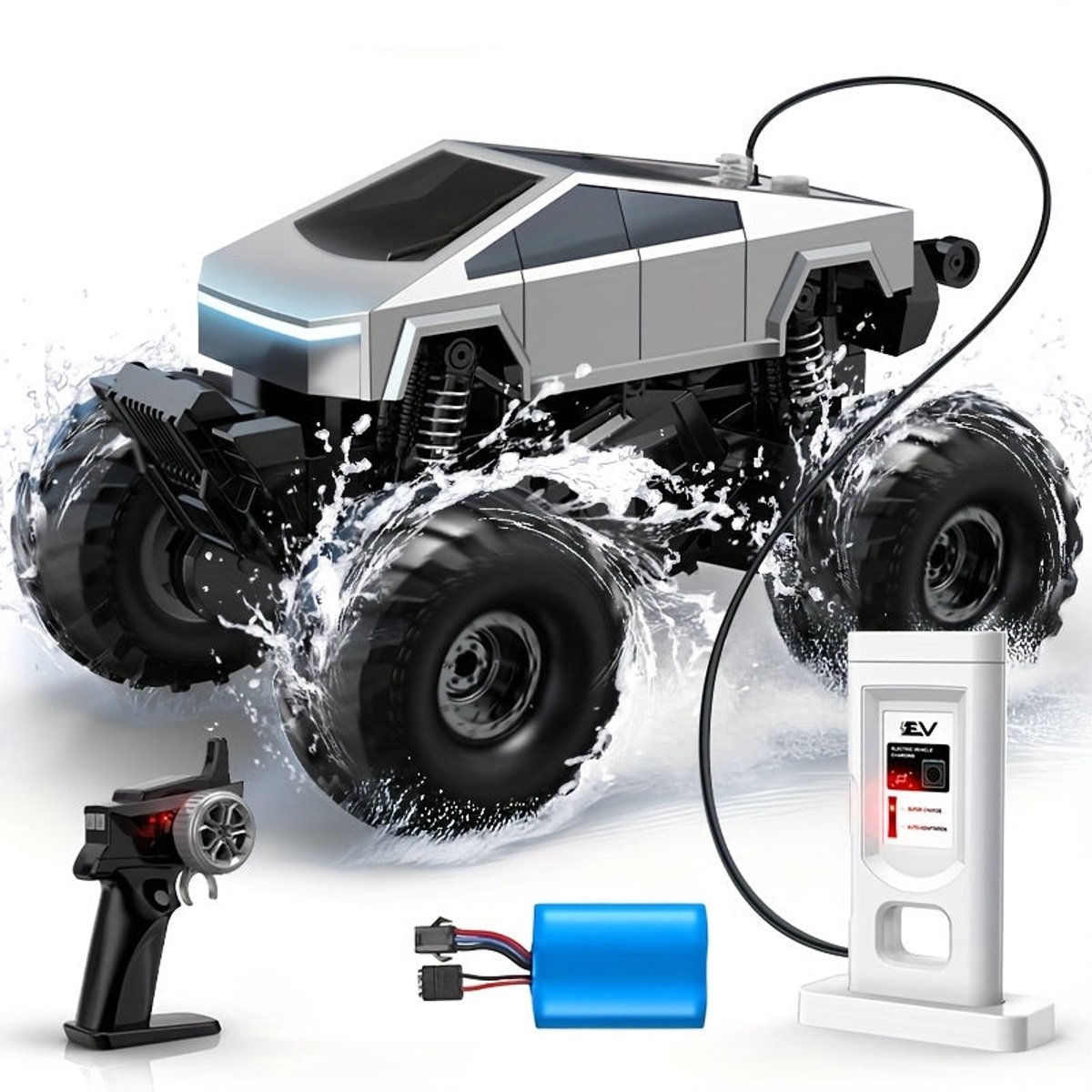 Mini Tesla RC Auto met Oplaadstation – Oplaadbare Elektrische Speelgoedauto – Met LED Verlichting – USB-Laadstation – Compact & Realistisch Design – Zilver
